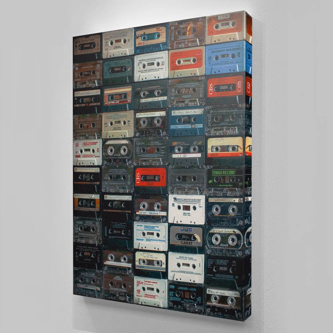 Vibrant, high-contrast array of multi-colored tapes forming the unique Cassette Wall design.