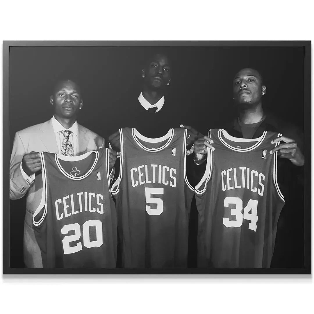 Close-up detail of the jersey numbers 5, 20, and 34 in the historical Celtics 3 #1 image print.