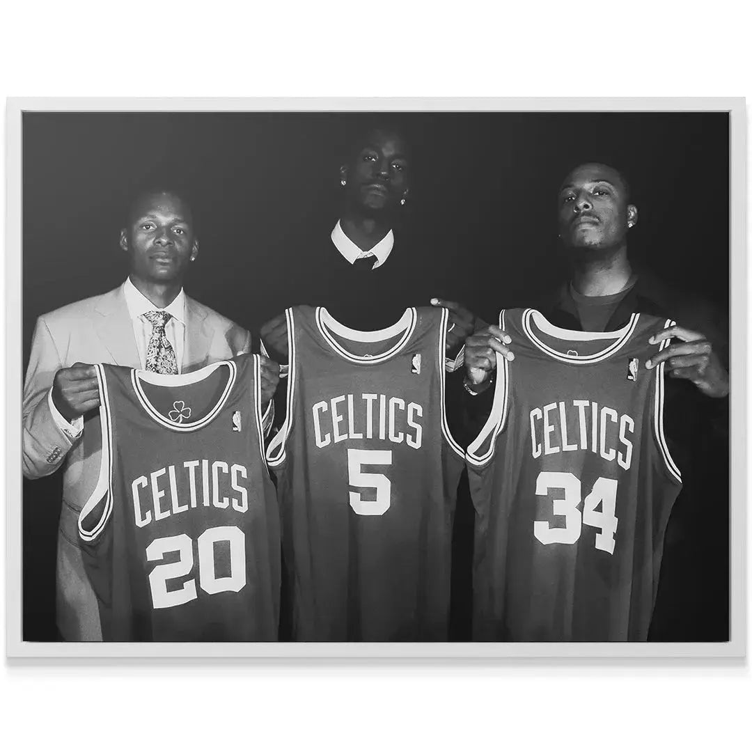 Black and white texture of the formal portrait featuring the Celtics Big Three: Celtics 3 #1.