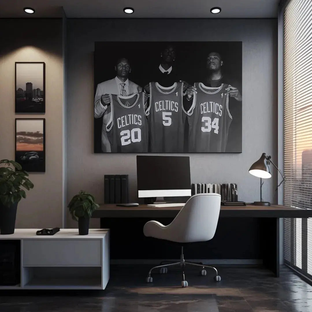 Lifestyle angle: Framed historical photo display of the legendary Celtics 3 #1 players.