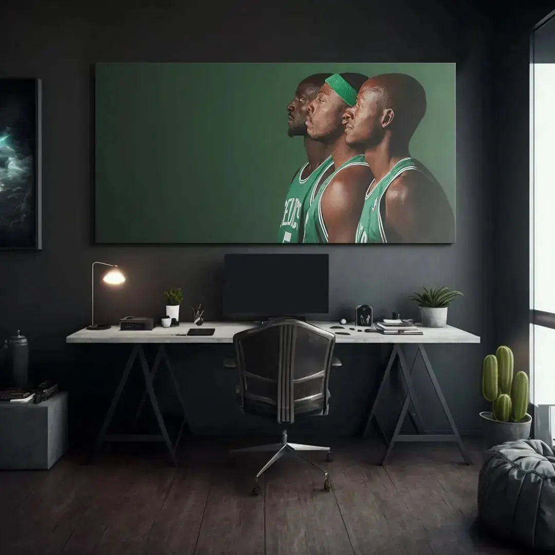 Side perspective shot of the three NBA legends depicted in the Celtics 3 - #3 artwork.