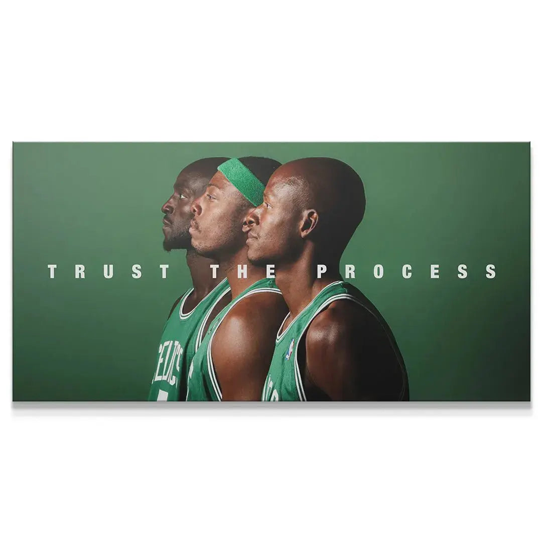 Full horizontal view of 'Celtics 3 - Trust The Process' canvas showing three athletes in profile against a dark green backdrop.