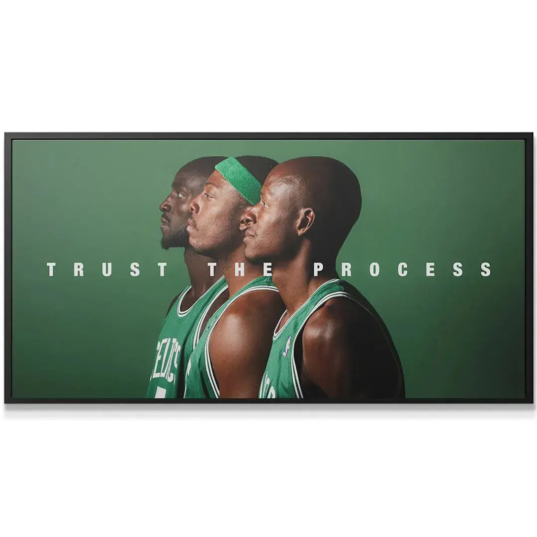 Close-up of the central athlete wearing a green headband in the 'Celtics 3 - Trust The Process' motivational artwork.
