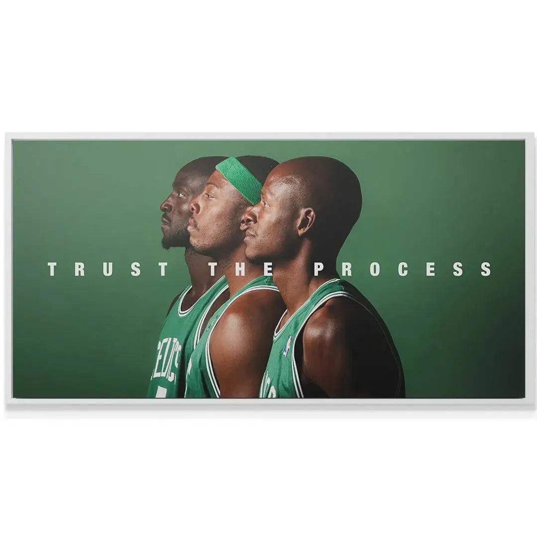 Detailed texture shot of the printed jersey fabric and rich saturation of the 'Celtics 3 - Trust The Process' poster.