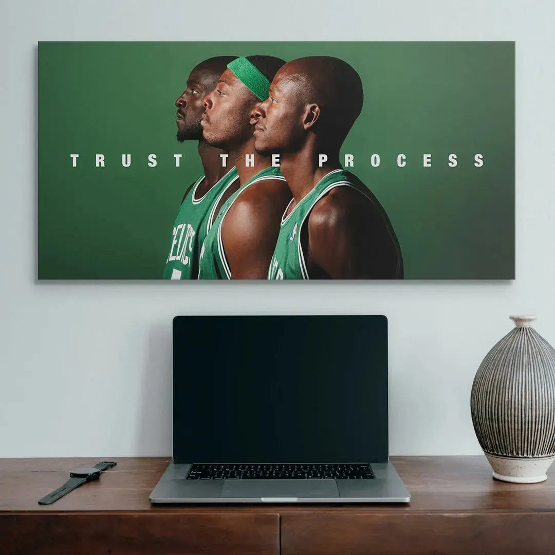 Wide-angle perspective of the three unified profiles, highlighting the balance and composition of 'Celtics 3 - Trust The Process'.