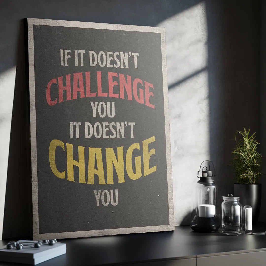 Lifestyle image showing the 'Challenge & Change' canvas hanging prominently in a sleek home gym environment.