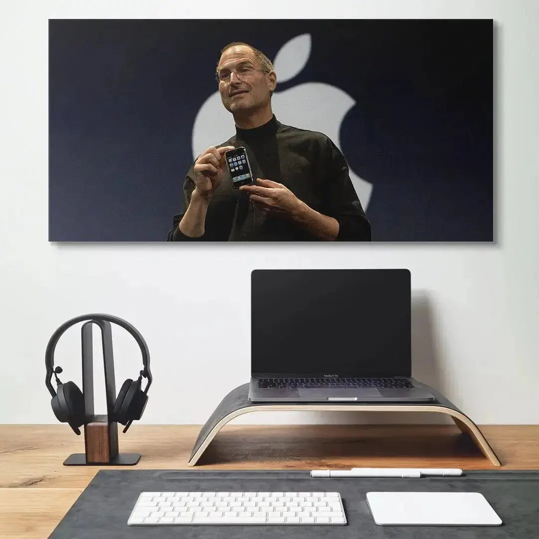 Dramatic lighting perspective highlighting Jobs' face and the phone display, central to Change the World (No Quote) poster.