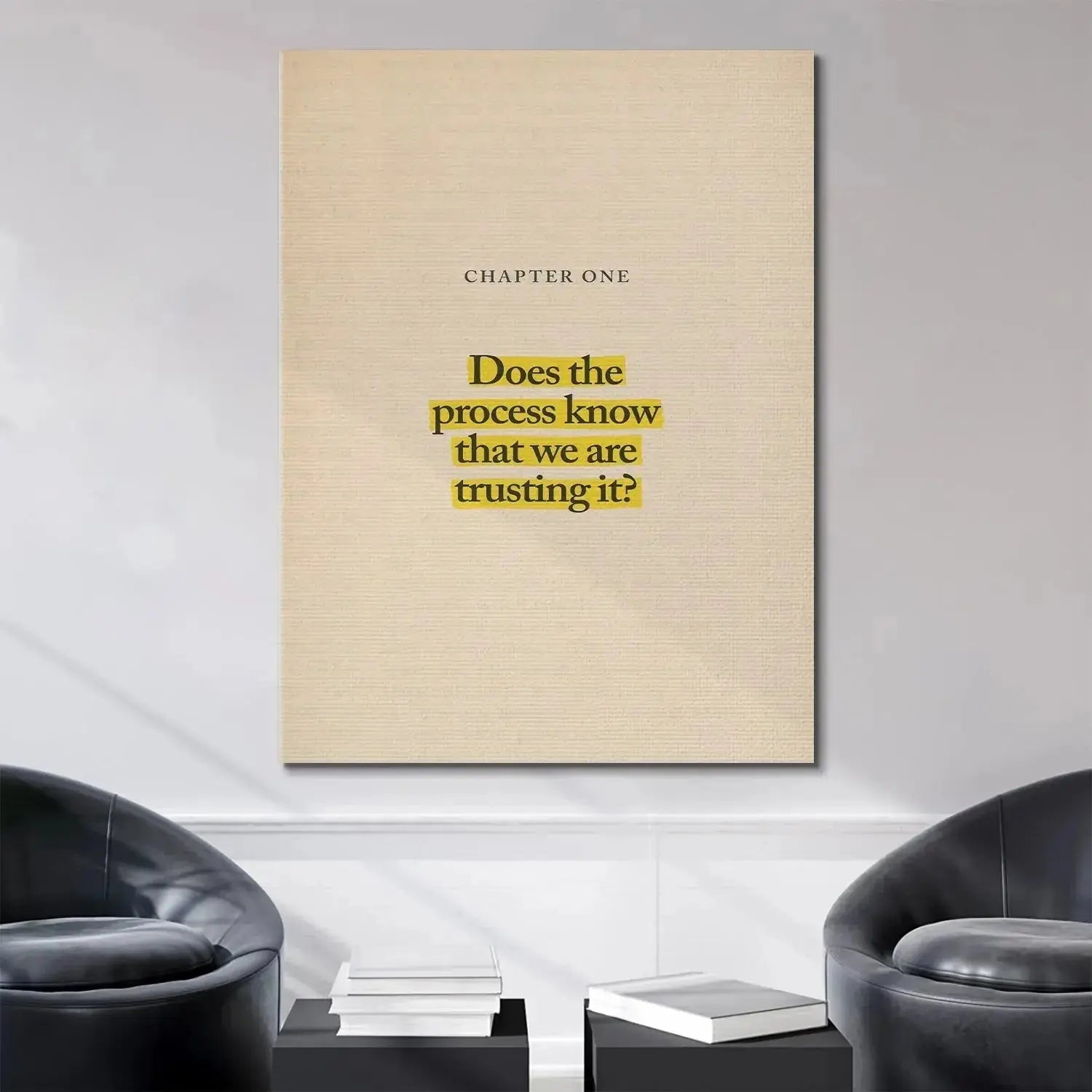 Minimalist style wall display featuring the framed 'Chapter One - The Process' print in a modern office.