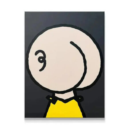Close-up of the distinctive black swirl hairstyle and thick outline on the Charlie Blown abstract portrait.