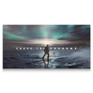 Chase The Unknown Wall Art Full panoramic view of the 'Chase The Unknown' art showing the lone figure walking toward the sunlit horizon.