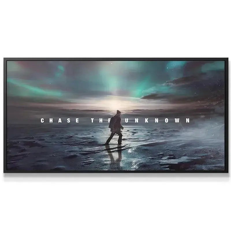 Close-up texture of the icy, reflective ground under the teal glow in the 'Chase The Unknown' canvas print.