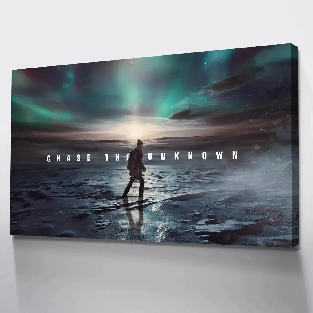 The reflection of the hooded hiker on the wet surface in the inspirational 'Chase The Unknown' poster.