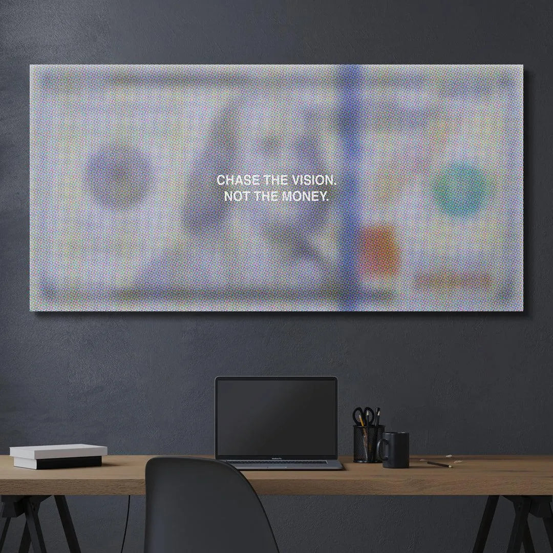 High contrast studio shot of the 'Chase The Vision' typography centered over the money motif.