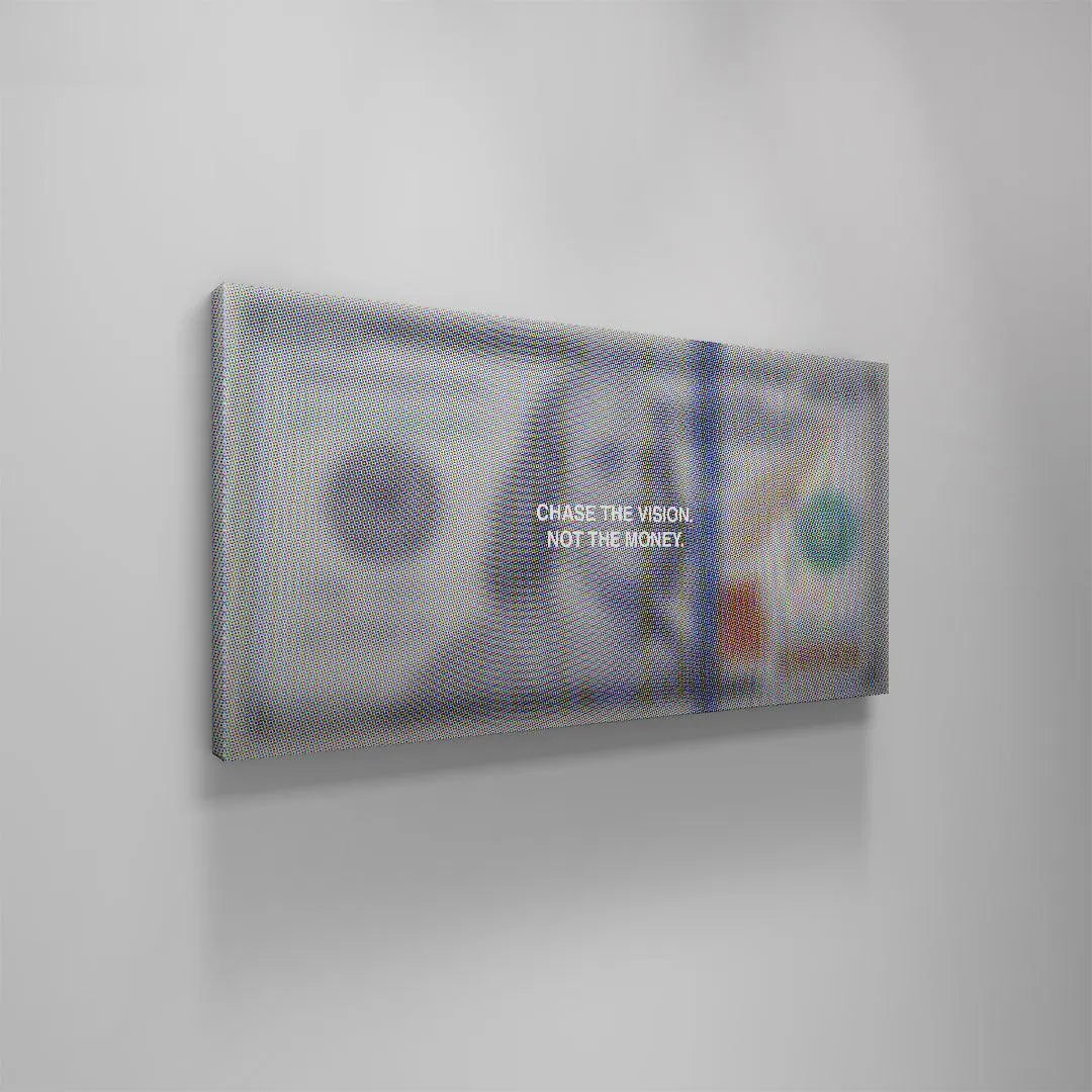 Wide shot of the 'Chase The Vision' mantra canvas, emphasizing its dominant scale on a large wall.