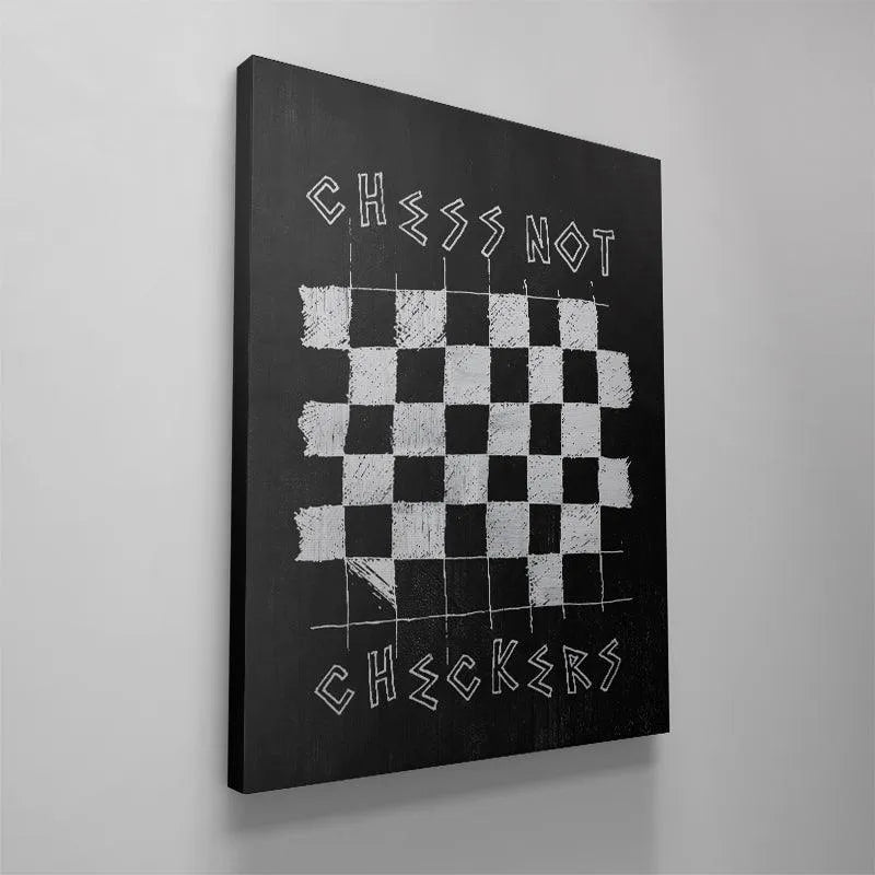 Macro shot focusing on the chalky, distressed white squares within the 'Chess Not Checkers' design.
