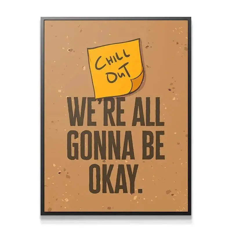 Close-up detail of the yellow Chill Out (Sticky Note) art overlaying the bold, brown typography.