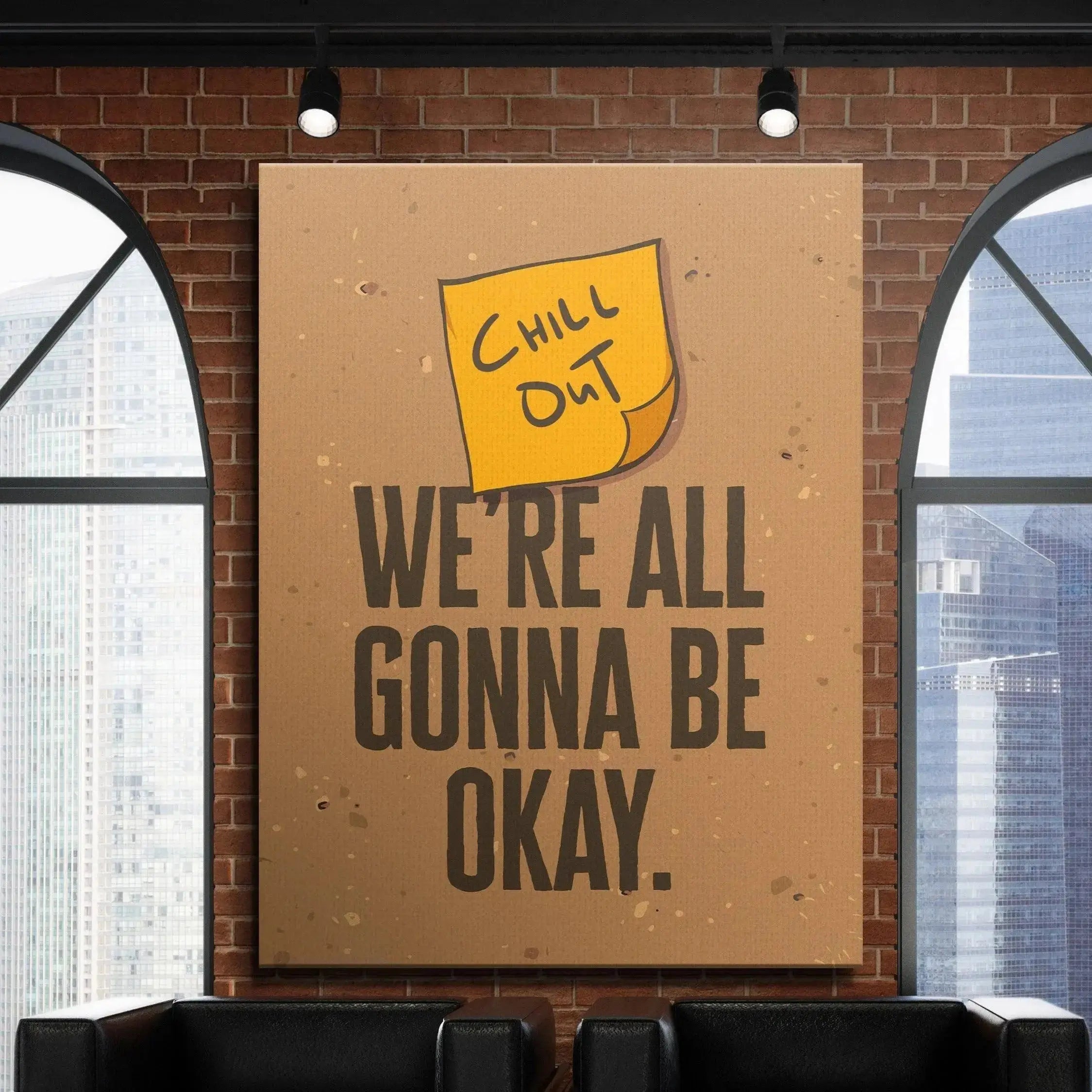 Lifestyle shot of the framed Chill Out (Sticky Note) print hanging on a clean, light wall in a modern office setup.