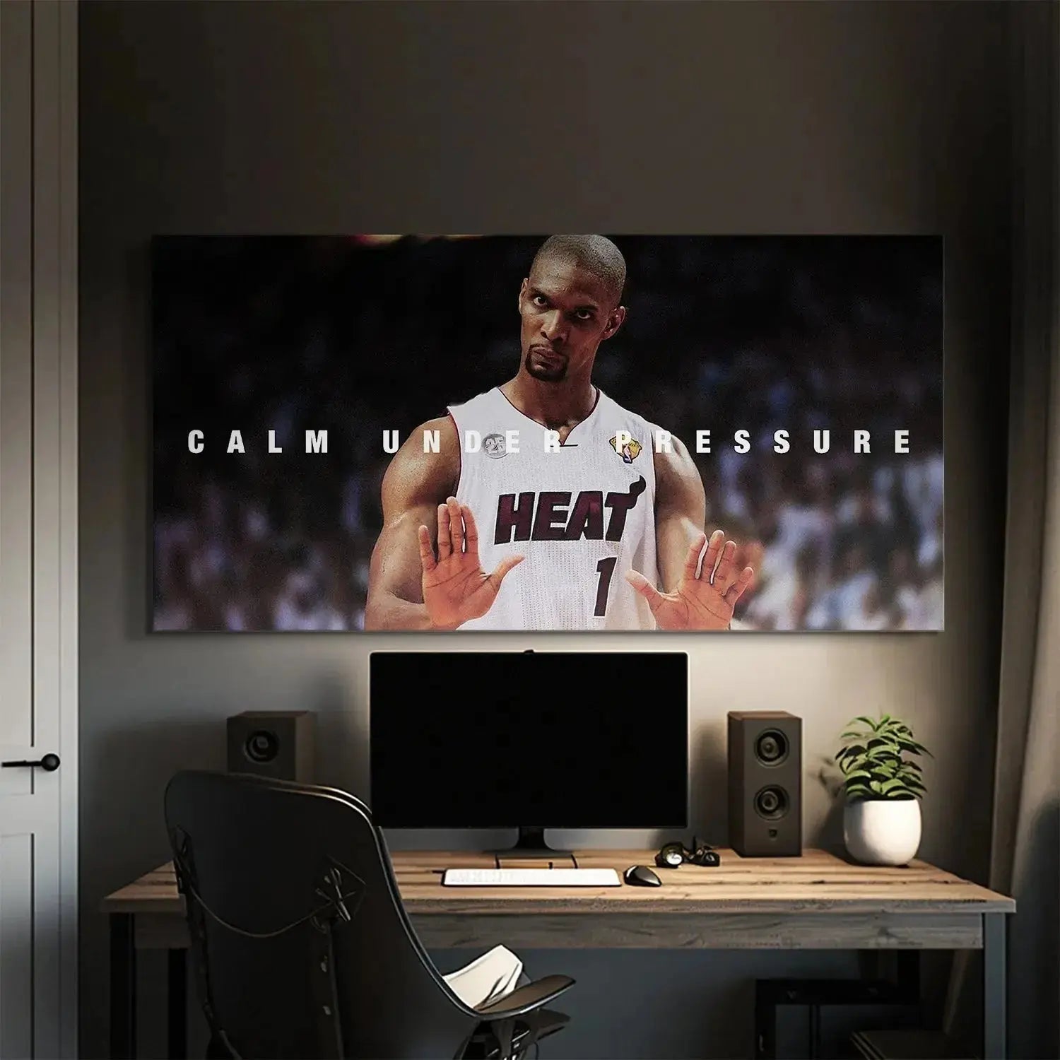 Lifestyle view of the panoramic print of Chris Bosh - Calm displayed in a modern fan room setting