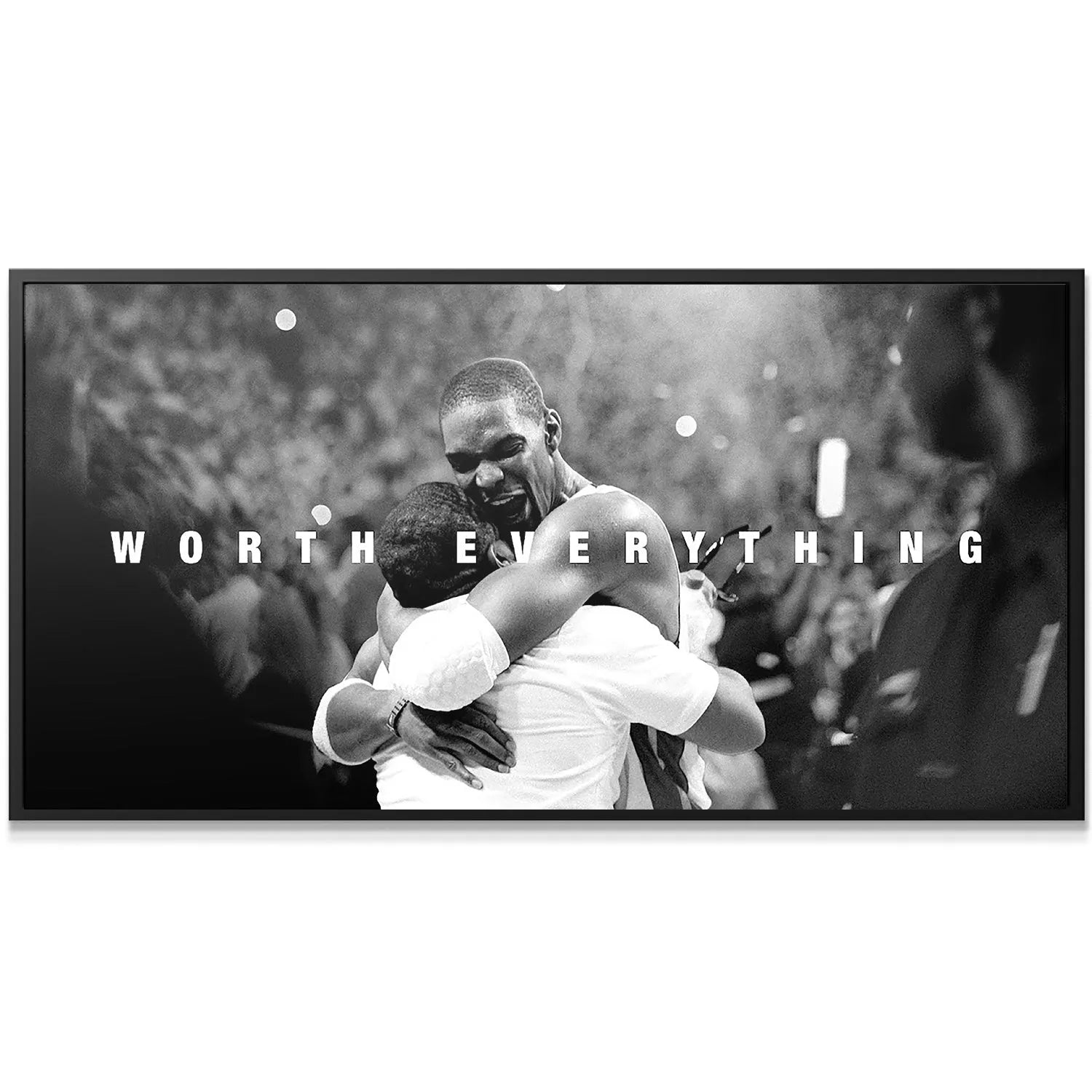 Wide shot perspective of the black and white Chris Bosh - Celebrate canvas wall art installation.