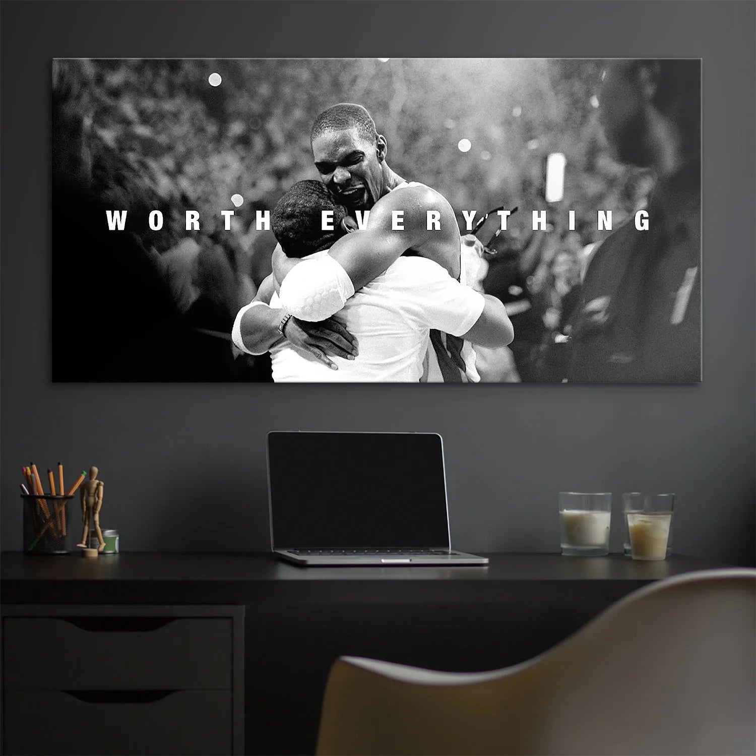Lifestyle view: Chris Bosh - Celebrate canvas mounted above a desk in an inspiring office setting.