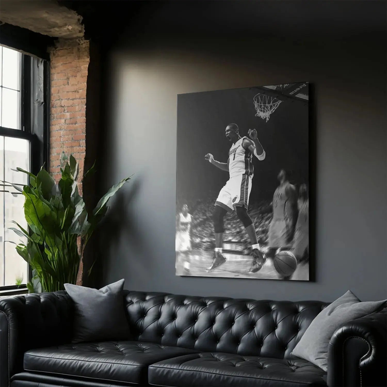 Dynamic low-angle perspective showing the height achieved during Chris Bosh - Dunk #1, looking up at the hoop.