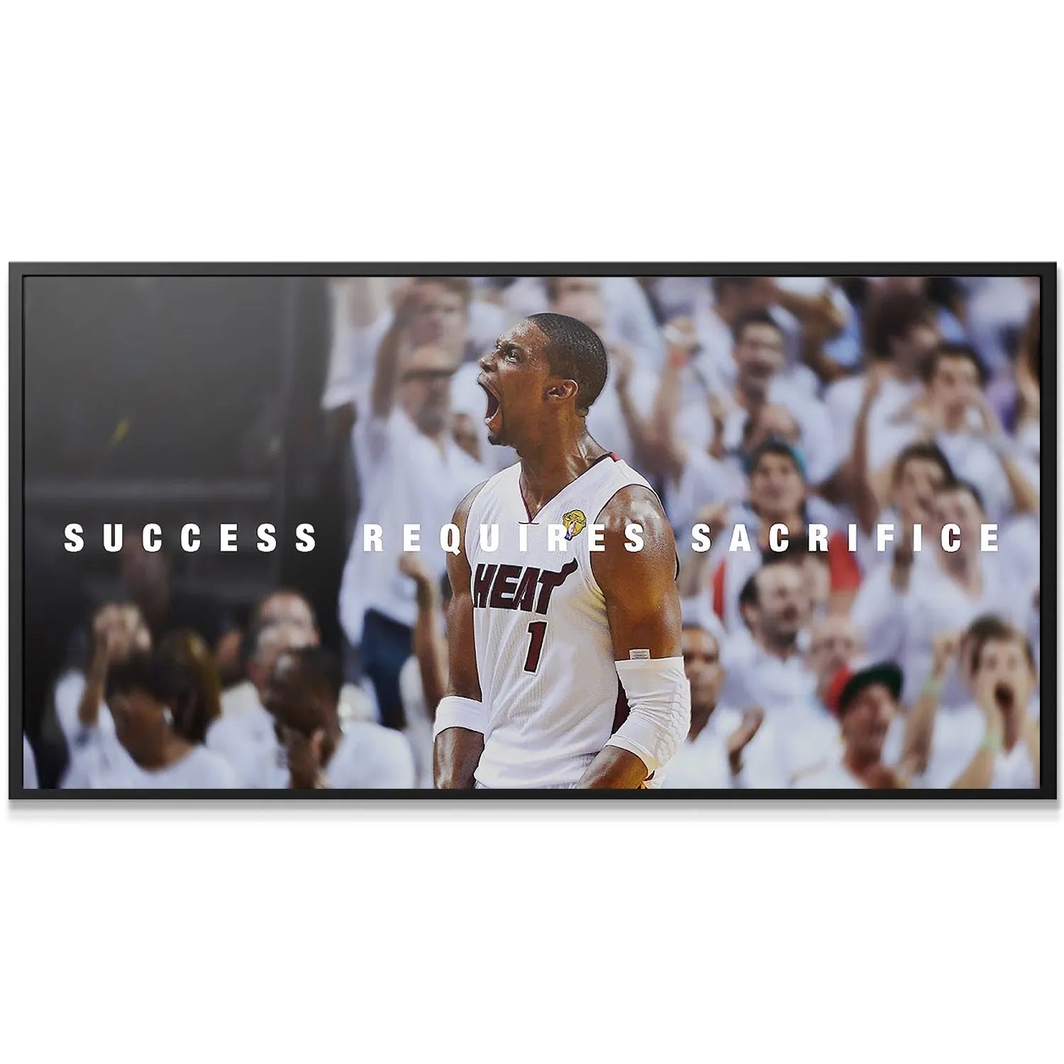 Detailed close-up of Chris Bosh roaring in celebration, emphasizing the phrase 'Success Requires Sacrifice' and raw emotion.