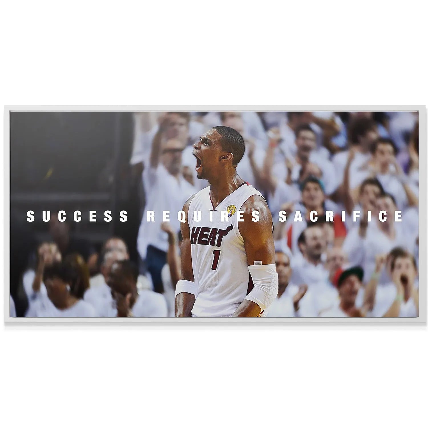 Horizontal wide angle shot of Chris Bosh - Success Requires Sacrifice with the blurred Miami Heat whiteout crowd in the background.
