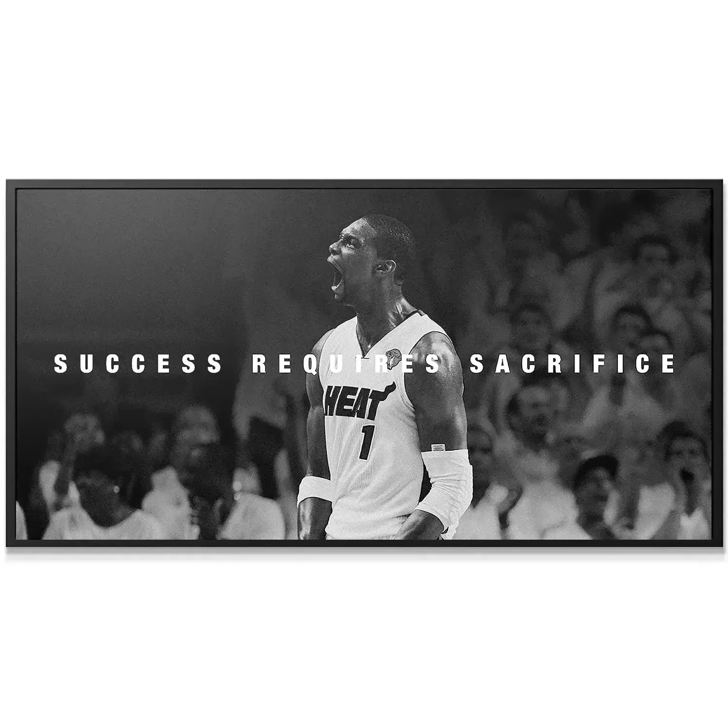 Full horizontal canvas featuring the powerful text overlay "Success Requires Sacrifice" alongside the image of Chris Bosh - Success Requires Sacrifice (B&W).