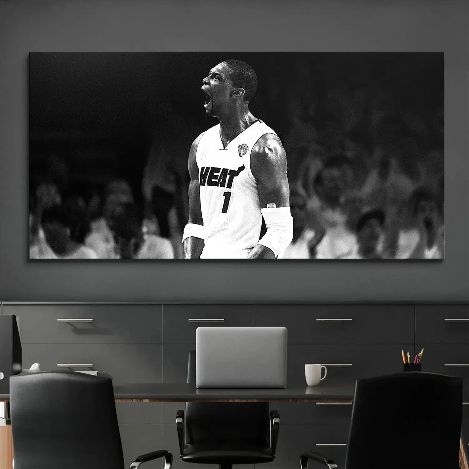 Wide-angle shot emphasizing the contrast and shadows in 'Chris Bosh - Success Requires Sacrifice (No Quote)' Miami Heat poster.