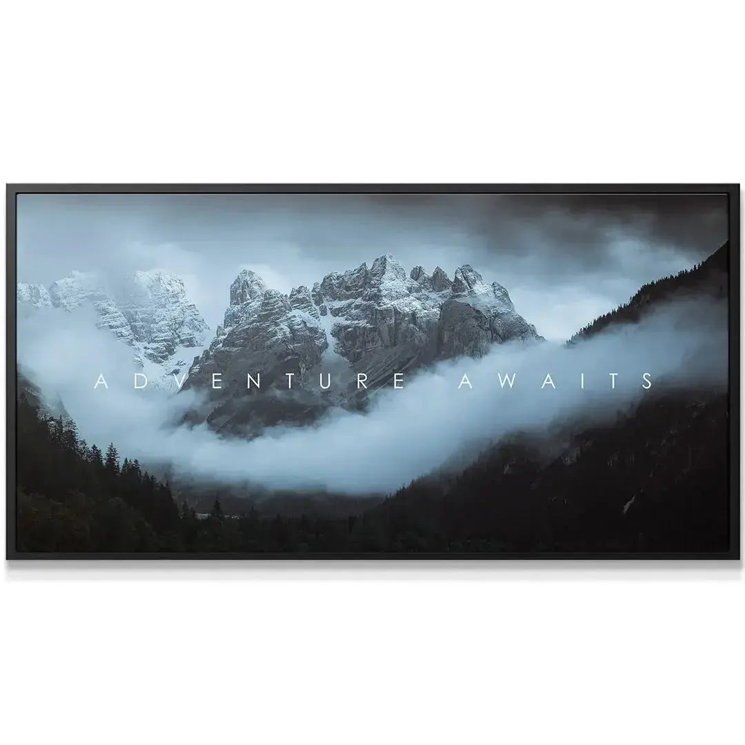 Close-up detail of the rugged mountain texture and atmospheric mist in the artwork 'Chris Henry - Adventure Awaits'.
