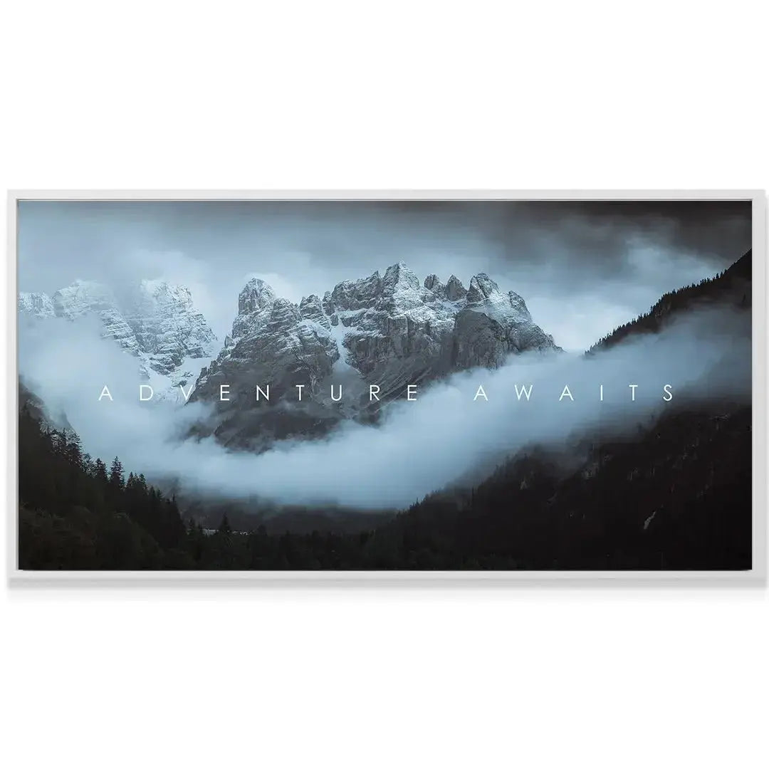 Wide angle shot of the canvas hanging in a modern living room setting featuring 'Chris Henry - Adventure Awaits'.