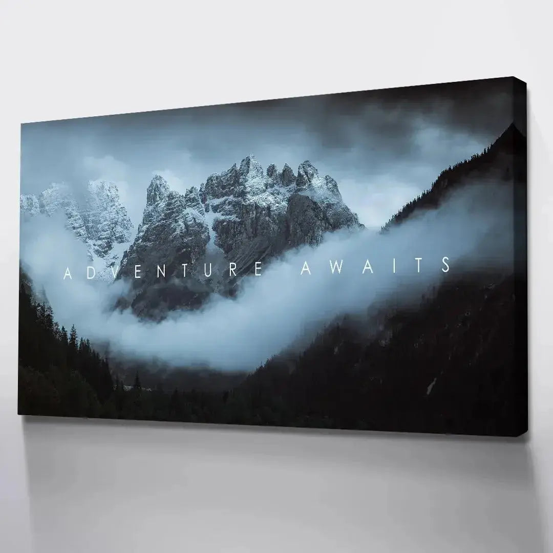 Side perspective view of the gallery-wrapped print highlighting the depth of the canvas, 'Chris Henry - Adventure Awaits'.