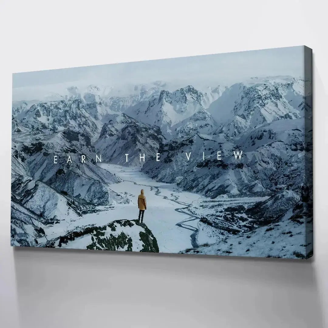Detail focusing on the crisp white and deep grey contrast of the snowy peaks in Chris Henry - Earn The View.