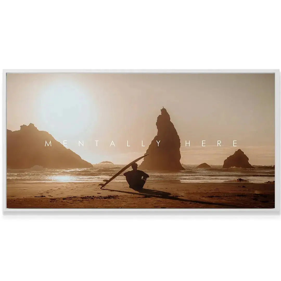 High contrast, sepia-toned canvas print showing the 'Mentally Here' text overlay in the artwork 'Chris Henry - Mentally Here'.