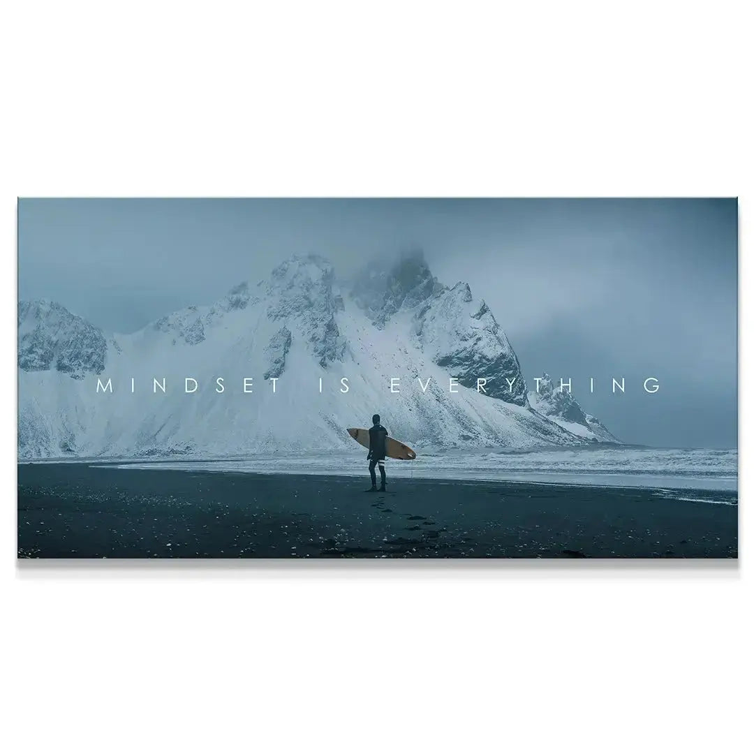 Close-up on the surfer carrying the board in the 'Chris Henry - Mindset Is Everything' cold landscape print.