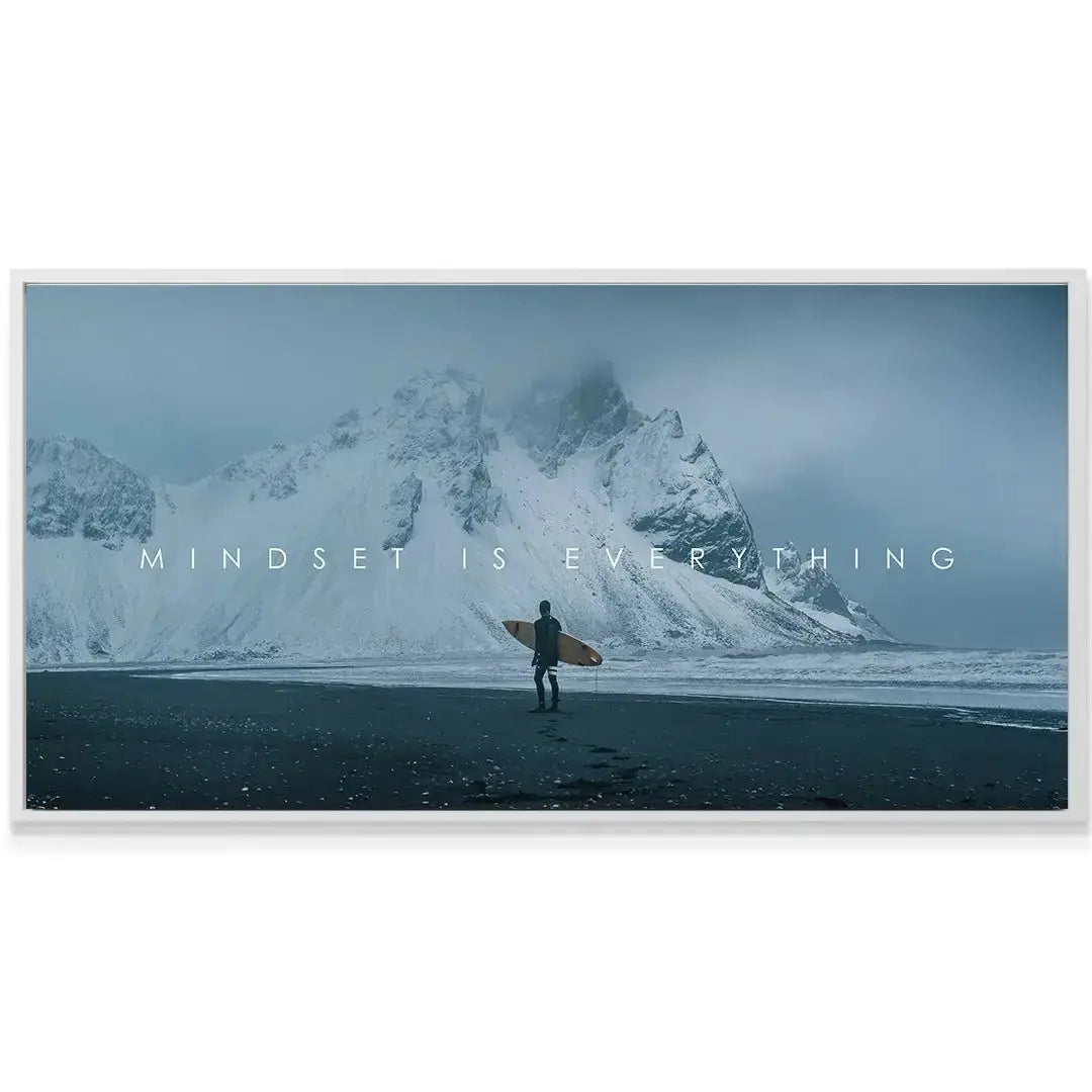 Lifestyle shot of the canvas 'Chris Henry - Mindset Is Everything' displayed prominently above a modern desk.