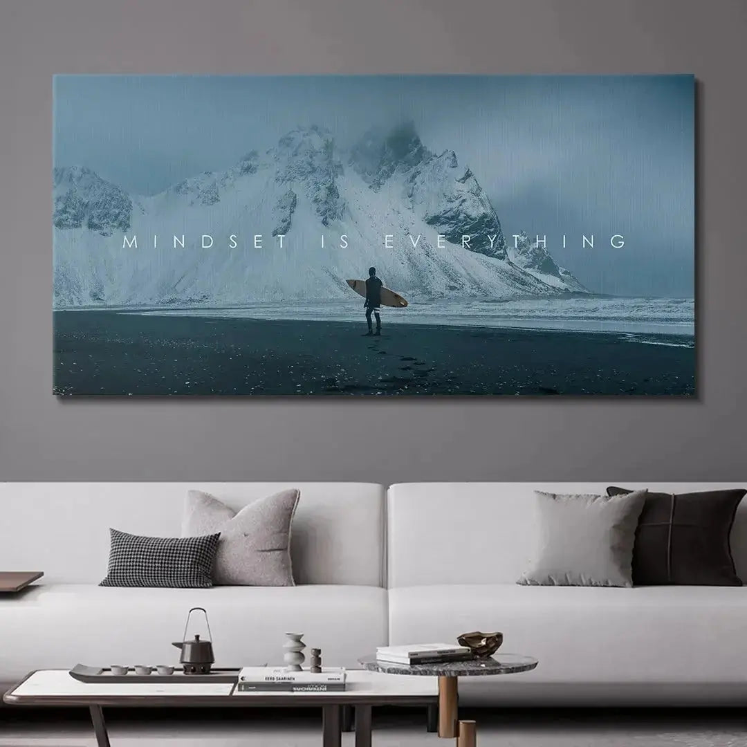 Detail of the moody texture and atmospheric fog surrounding the peaks in 'Chris Henry - Mindset Is Everything'.