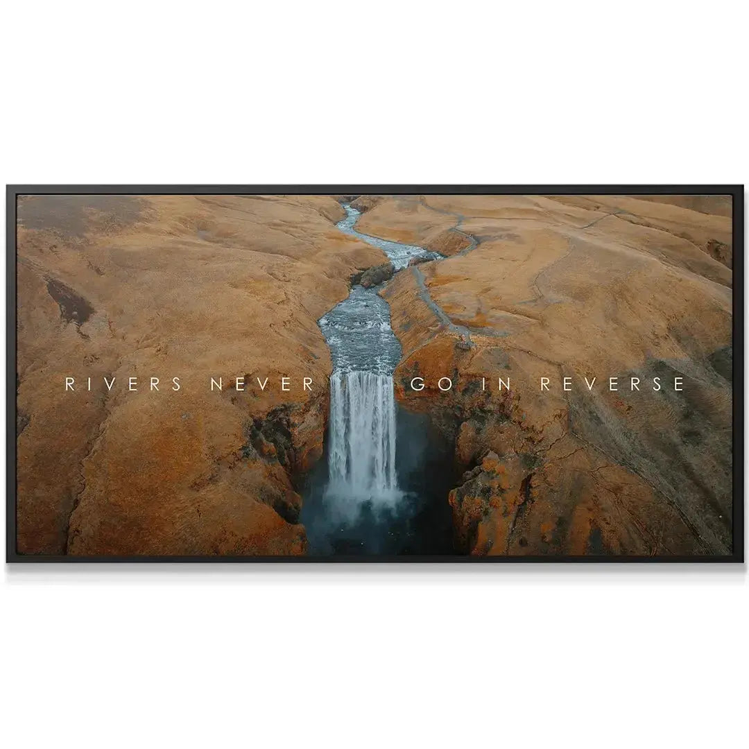 Full panoramic shot of the motivational canvas art titled 'Chris Henry - Never Go In Reverse' emphasizing the wide format.