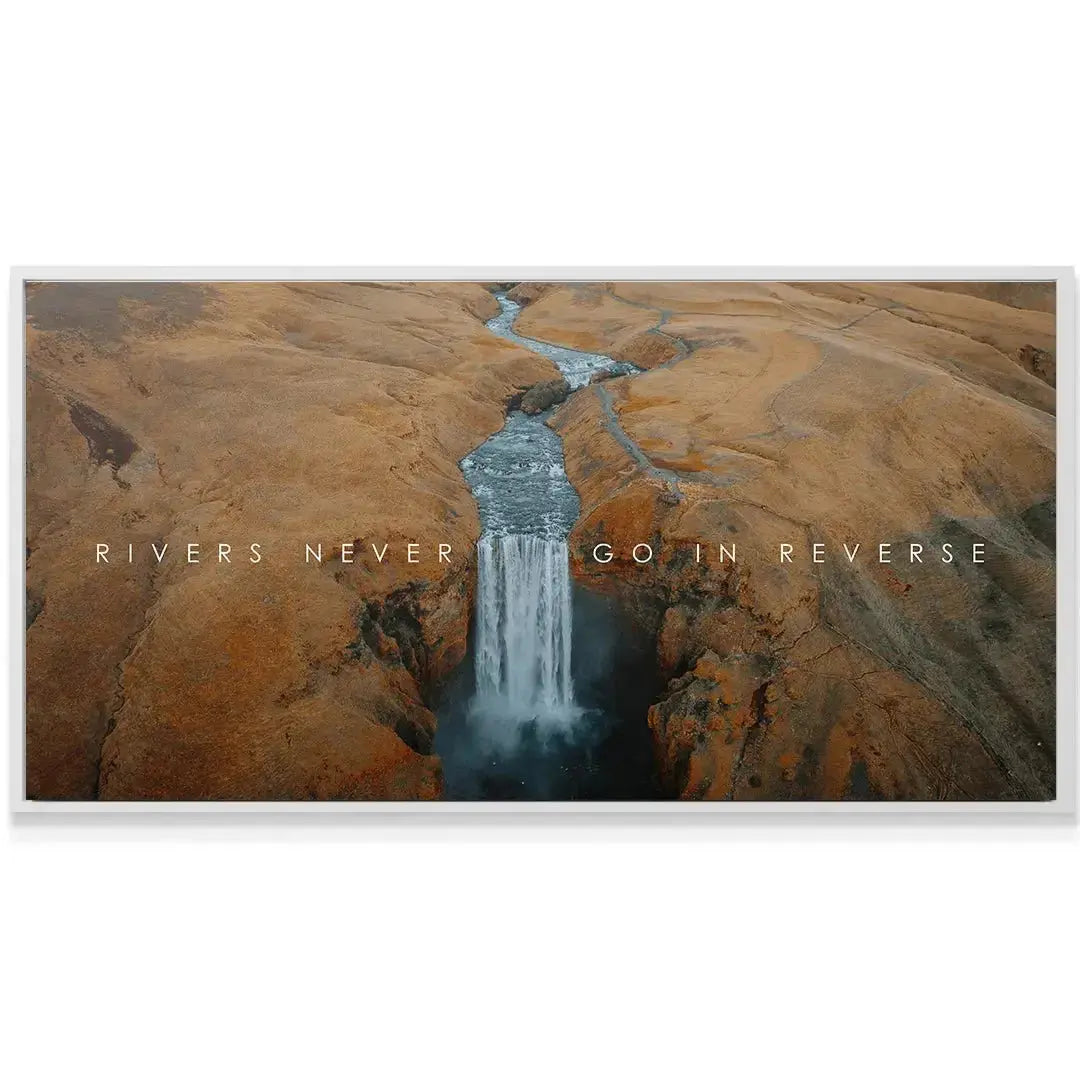 Close-up on the misty water cascade and deep gorge, illustrating the movement captured in 'Chris Henry - Never Go In Reverse'.