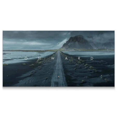 Wide view canvas print of Chris Henry - Onward showing the full desolate road and mountain peak.