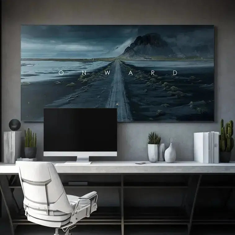 Lifestyle mock-up of the large-scale Chris Henry - Onward print hanging in a modern living room.