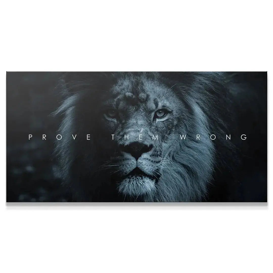 Panoramic motivational canvas art of a majestic lion titled Chris Henry - Prove Them Wrong.