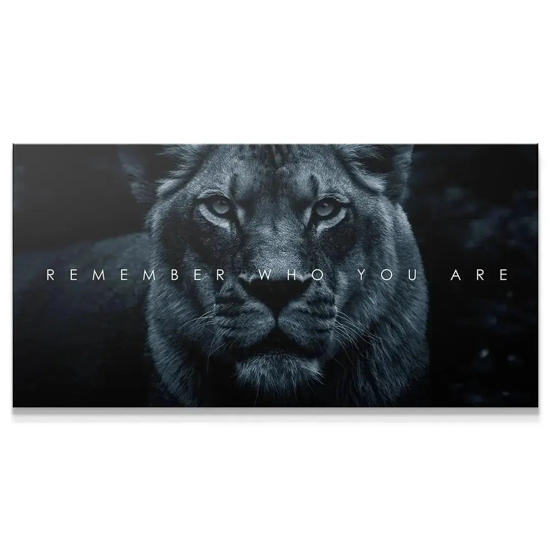 Full frontal view of the intense monochromatic lioness canvas titled Chris Henry - Remember Who You Are.