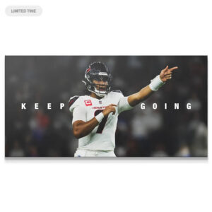 Close-up of CJ Stroud's determined expression in helmet, part of the "CJ Stroud - Keep Going" motivational print.