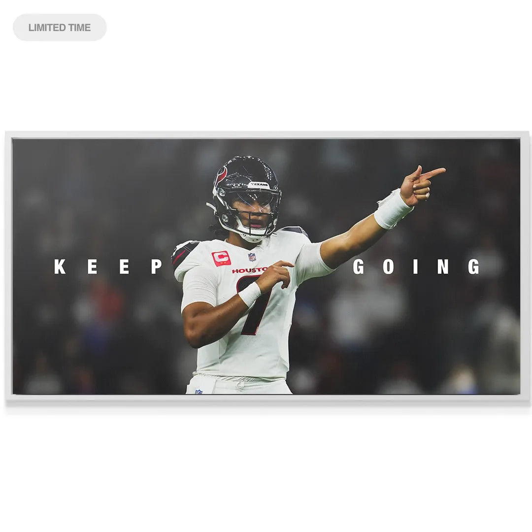 Textured canvas close-up showing the detail of CJ Stroud's Texans uniform while pointing, caption "CJ Stroud - Keep Going."