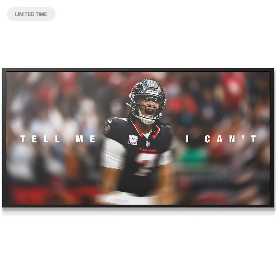 Close-up on the intense facial expression of CJ Stroud, emphasizing the defiance in 'CJ Stroud - Tell Me I Can't'.