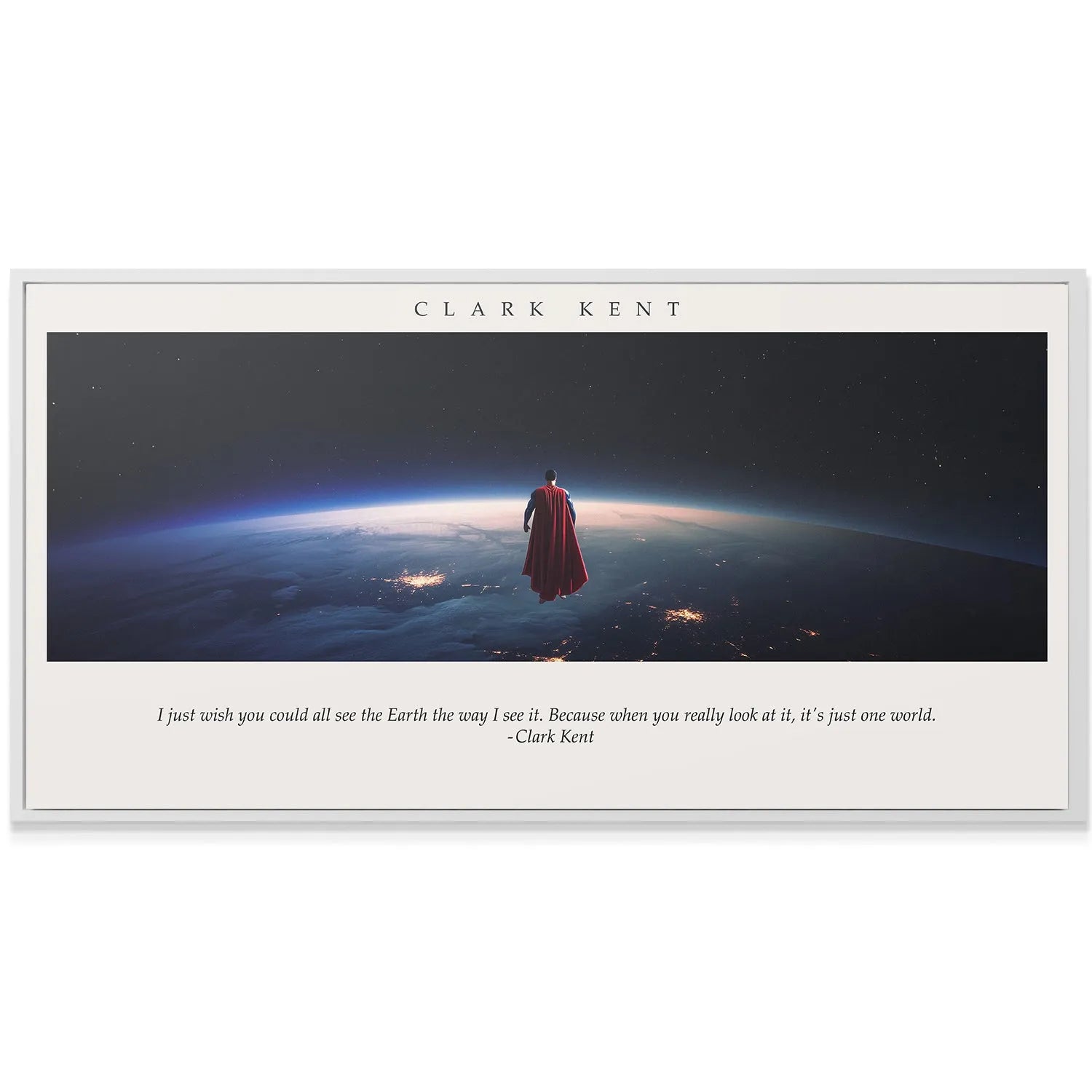 Wide-angle perspective of the Earth's curvature and starry background in the Clark Kent - One World poster.