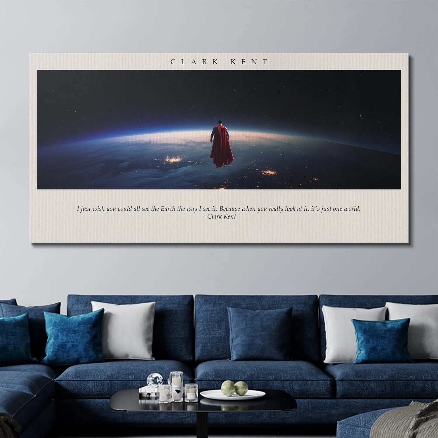Bottom border detail of the Clark Kent - One World artwork featuring the iconic quote typography.