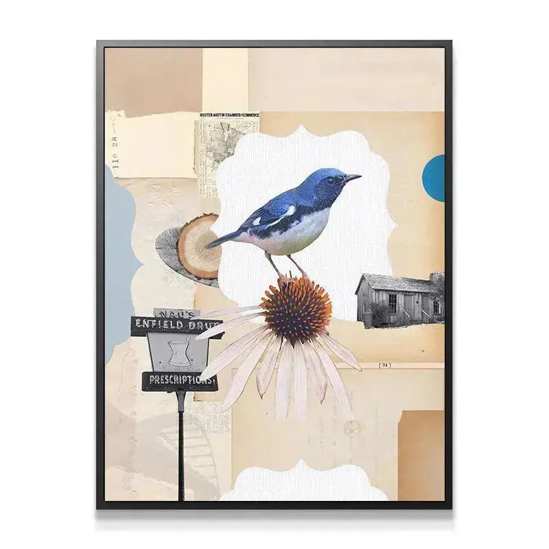 Close-up on the majestic blue warbler bird centered on the Clarksville One print, highlighting feather detail.