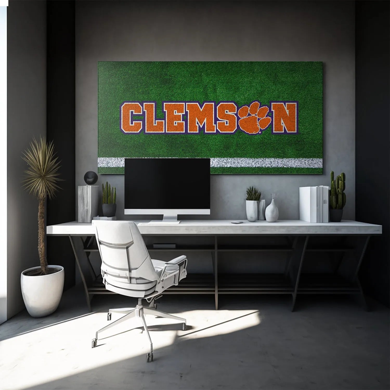Detailed view focusing on the Clemson paw substituting the 'O' within the overall Clemson - Field Logo design.
